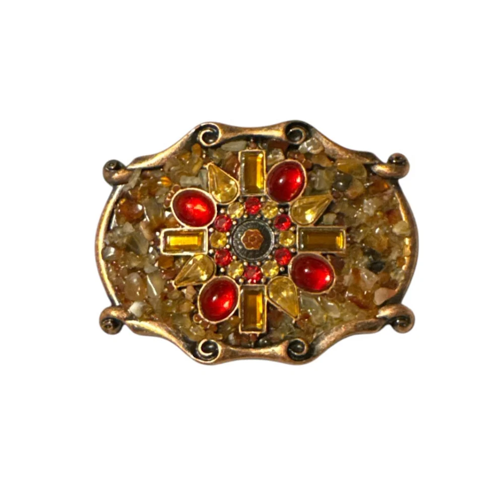 Intricate Jeweled Belt Buckle Mixed Gemstone Ornate Brass Gold and Red